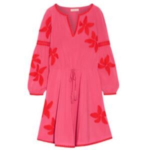 Tory Burch Sadie Tie Waist Embroidered Peasant Dress S Pink Orange